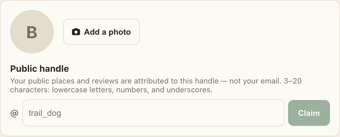 The Profile identity card: the profile-picture control (Add a photo) and the @handle field with Claim.