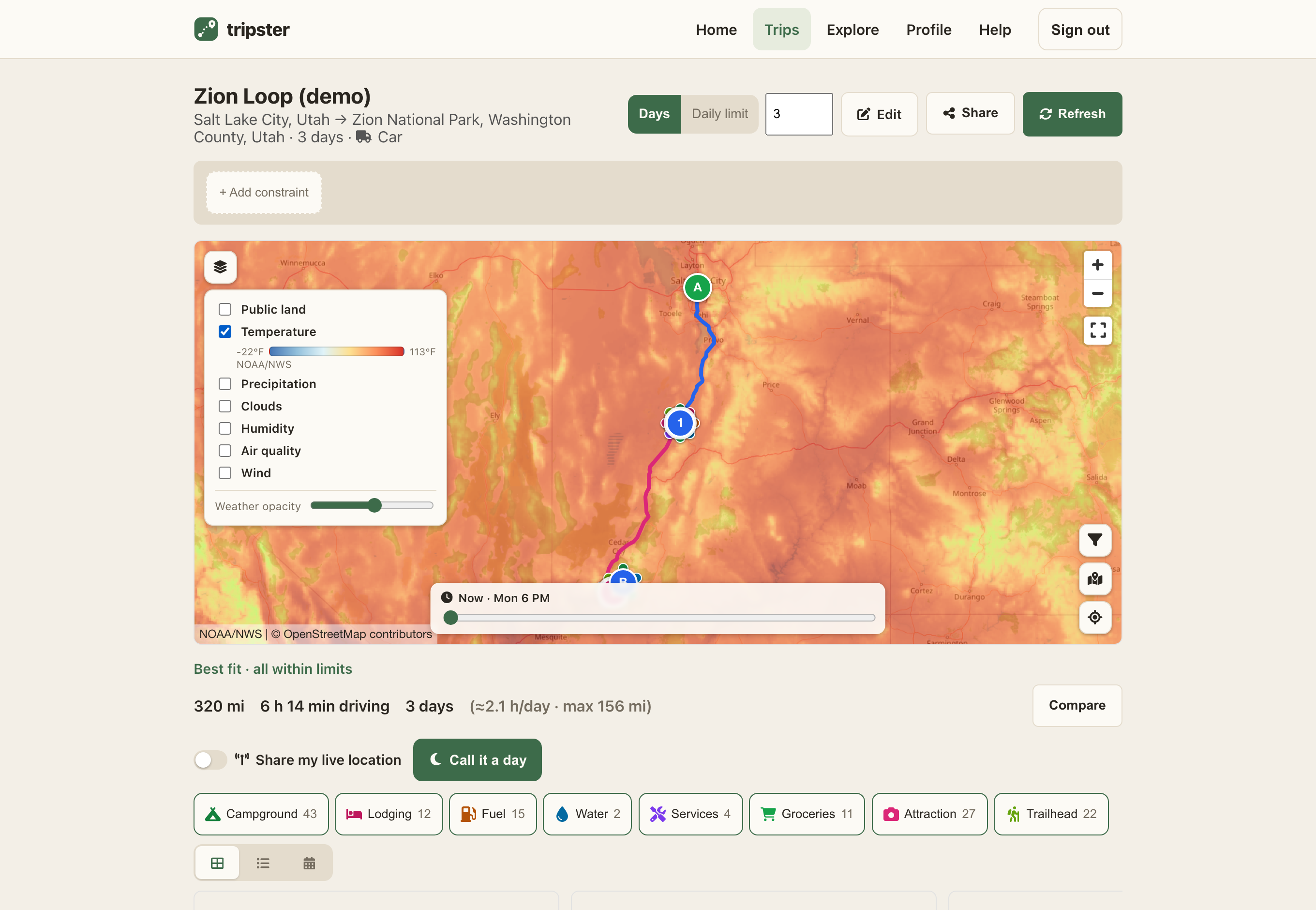 The layers panel open over a trip map, with the Temperature overlay ticked, its NOAA/NWS colour legend, and the Weather opacity slider below.