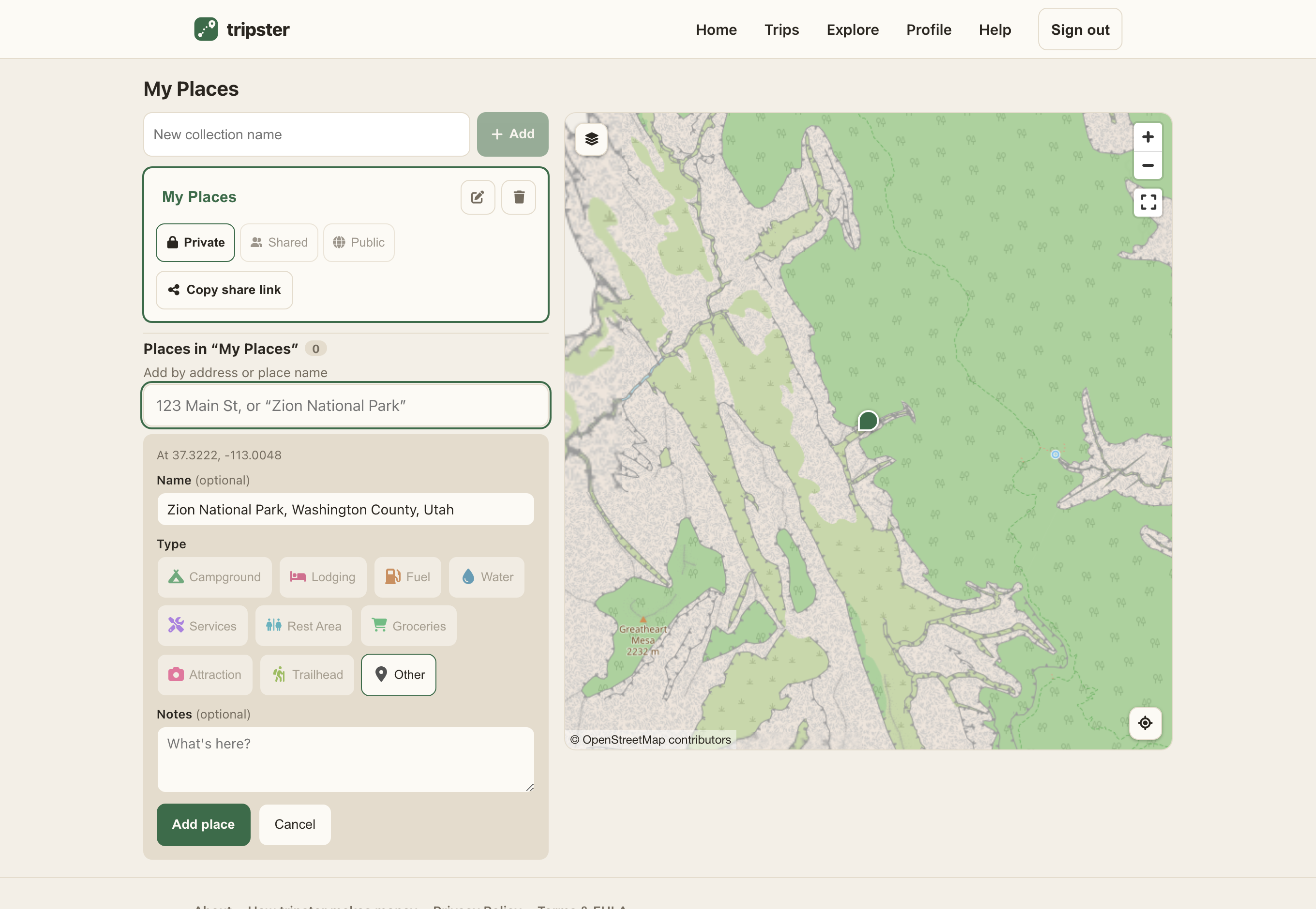 My Places with a collection selected: a pin dropped on the map and the place form open — name, the type chips (fuel, water, camping…), and notes.