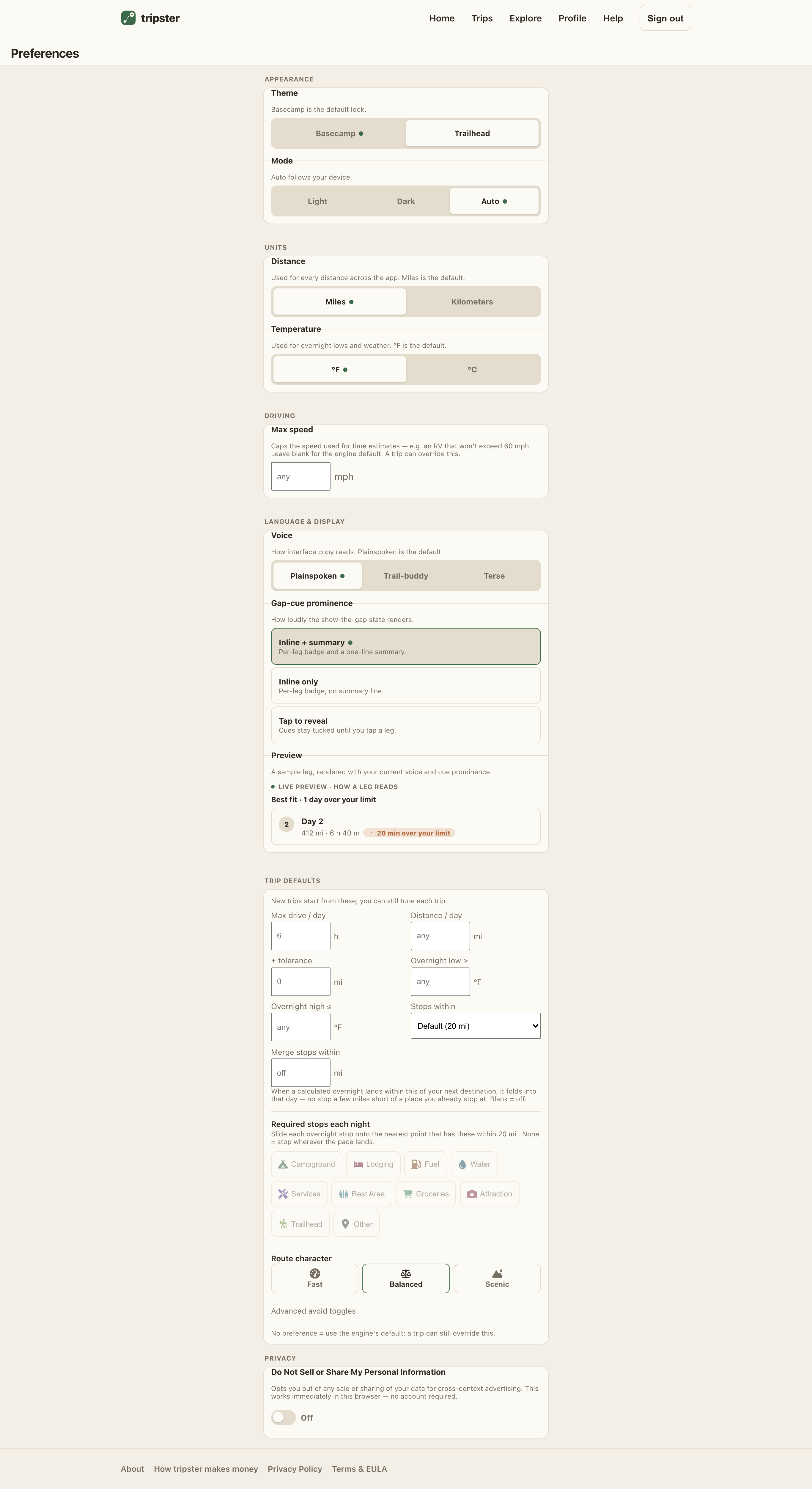 The Preferences page: Appearance, Units, Driving, the Trip defaults new trips inherit, and the privacy controls.