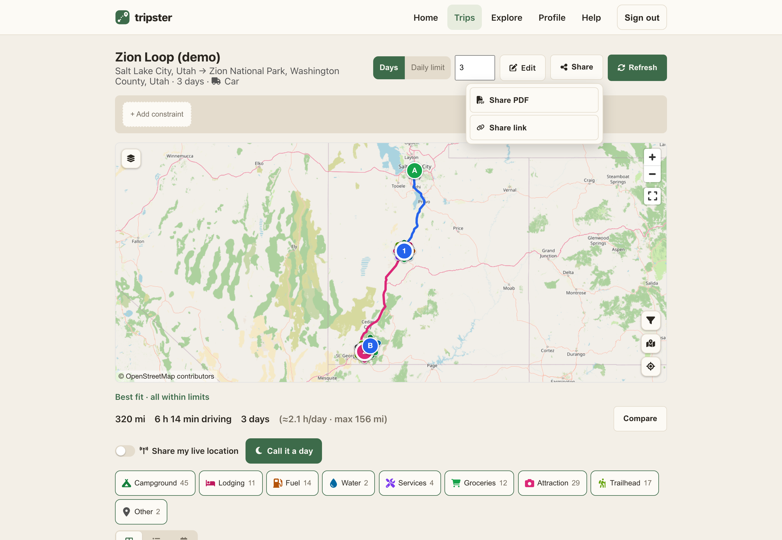 The Share menu open on a trip — Share PDF for a printable copy, Share link for a read-only web view.