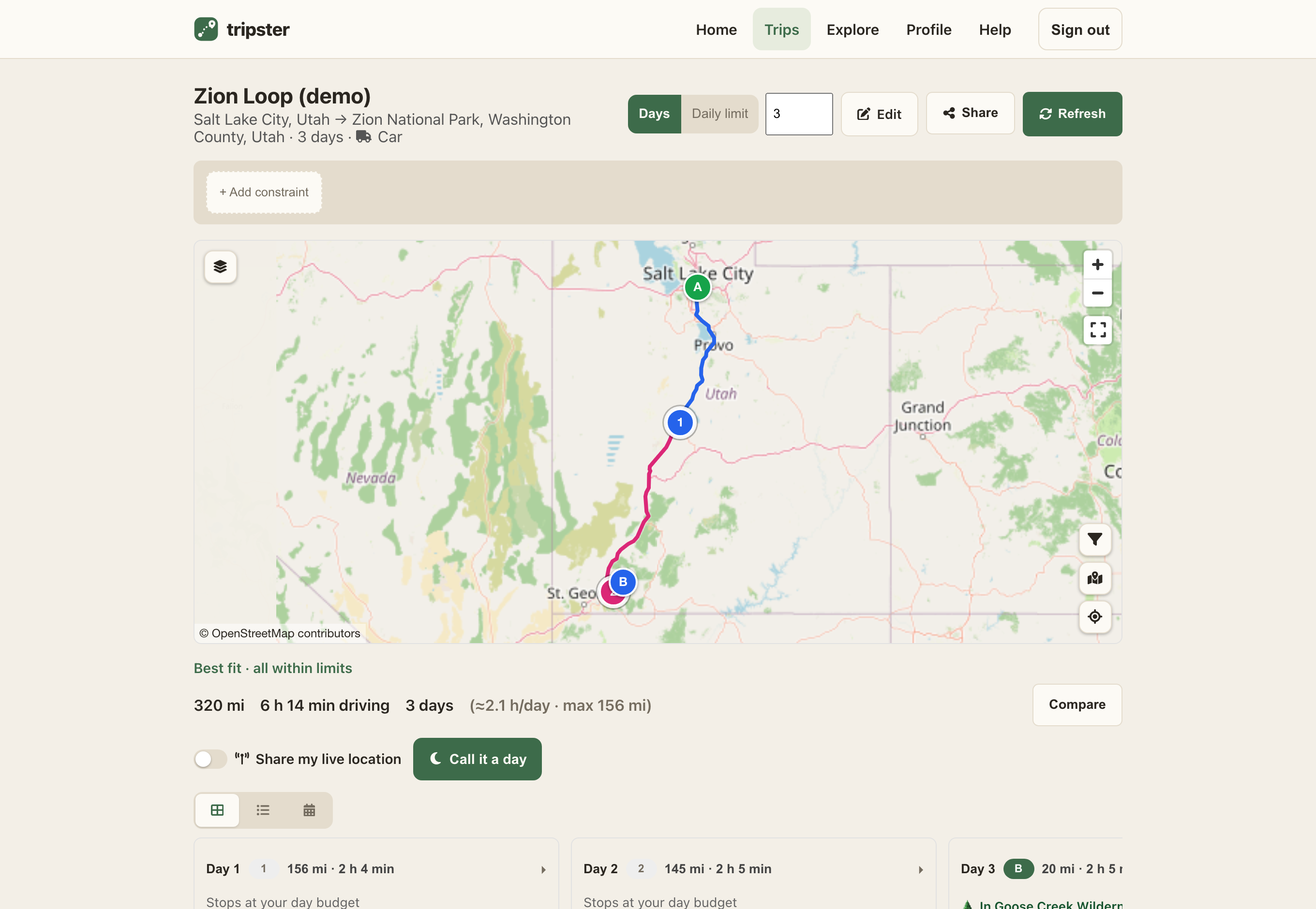 The trip page: the routed line on the map with its A→B waypoints, the daily-limit summary, and the day-by-day itinerary below.
