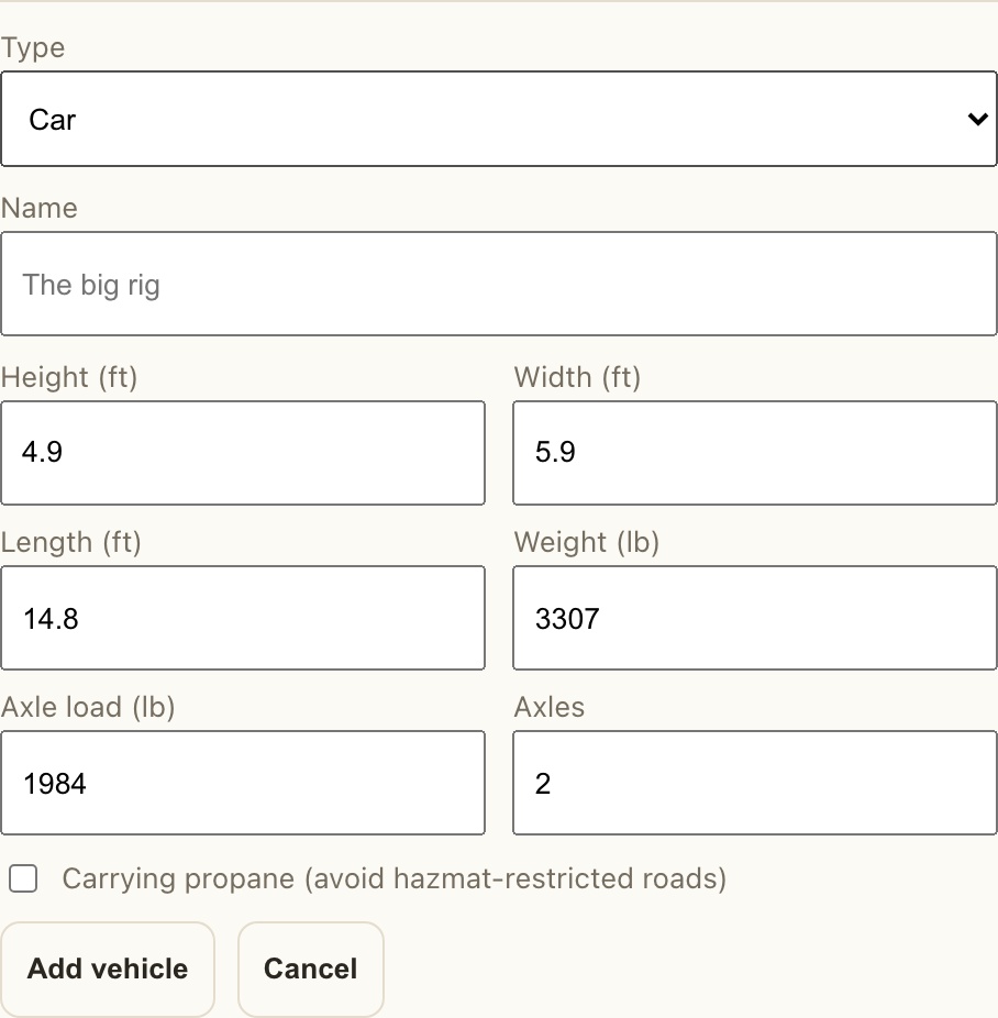 The Add a vehicle form: the type picker with seeded height / width / length / weight / axle-load / axles fields, and the Carrying propane toggle.