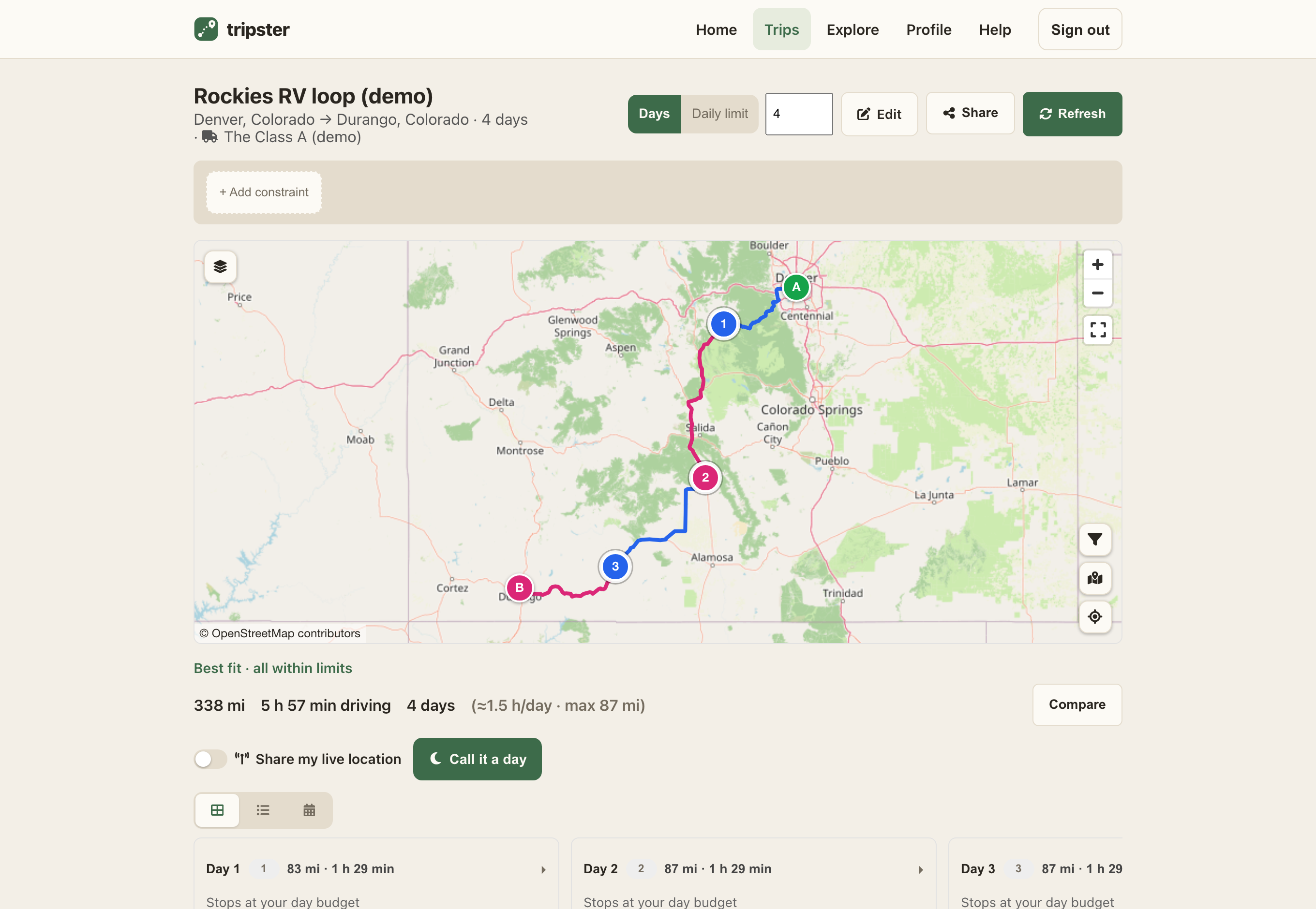The route and its daily legs, built around the rig’s limits.