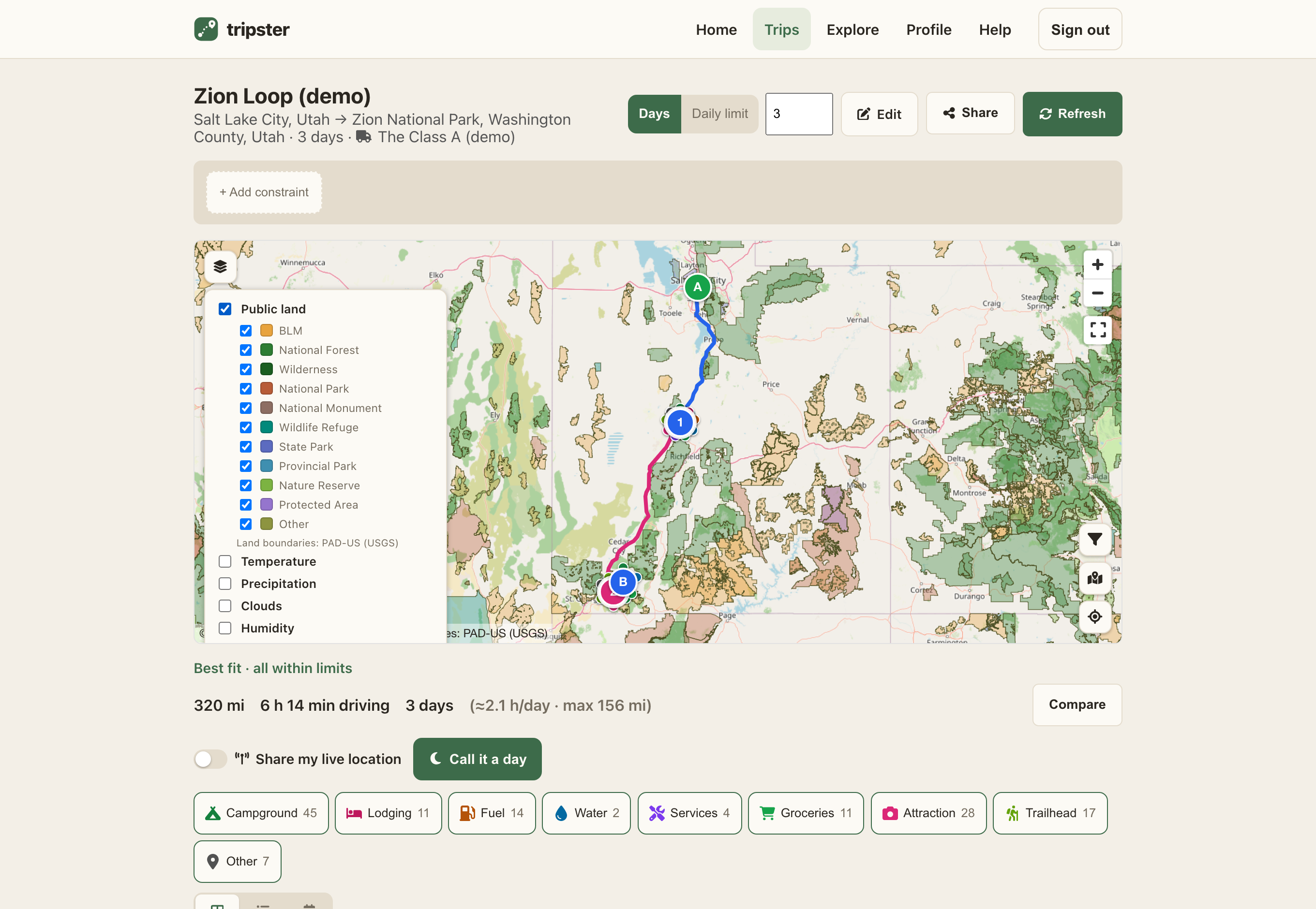 The public-land overlay drawn over the route.