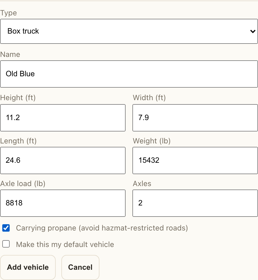 Box-truck class, dimensions, and restriction flags saved once.